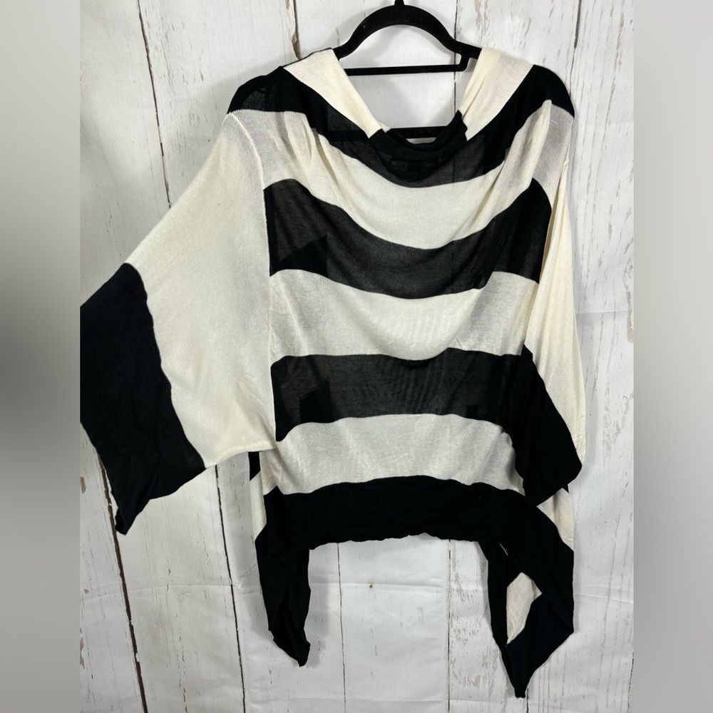 Black & White Viscose Striped Open Front Cardigan Dolman Sleeve Asymmetrical - Picture 2 of 9